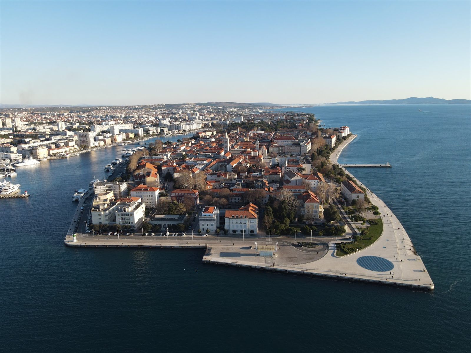 Aerial view of Zadar Old Town peninsula and Adriatic waterfront in Zadar, Croatia